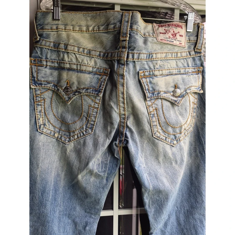 True Religion Straight Flap‎ Big T Jean Distress Destroyed Boho 33 Y2K